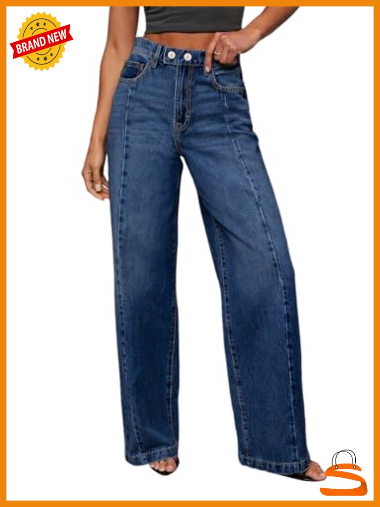 High Waisted Wide Leg Baggy Jeans With Front Seam Stretchy Denim